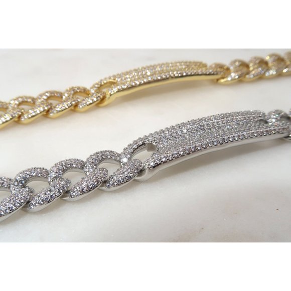 Gold Plated 12mm Pave Diamond CZ Cuban Link ID Bracelet, Cuban Link Bar Bracelet - Picture 2 of 8